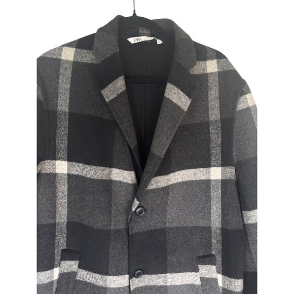 ZARA Womens Medium Gray & Black Plaid Wool Blend Coat - Picture 4 of 16